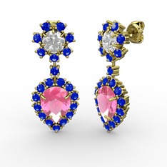 Pembe kuvars, lab safir ve swarovski 14 ayar altın küpe