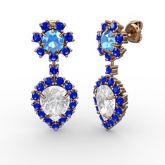 Swarovski, lab safir ve akuamarin 925 ayar rose altın kaplama gümüş küpe