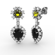 Siyah zirkon, beyaz zirkon ve peridot 8 ayar beyaz altın küpe