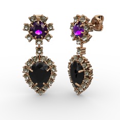 Seranta Damla Küpe - Siyah zirkon, dumanlı kuvars ve ametist 18 ayar rose altın küpe #ezsbj8