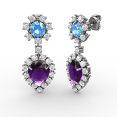 Ametist, swarovski ve akuamarin 14 ayar beyaz altın küpe
