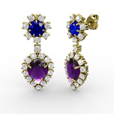 Ametist, swarovski ve lab safir 8 ayar altın küpe