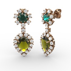 Peridot, swarovski ve yeşil kuvars 18 ayar rose altın küpe