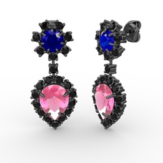 Seranta Damla Küpe - Pembe kuvars, siyah zirkon ve lab safir 925 ayar siyah rodyum kaplama gümüş küpe #gkraqh