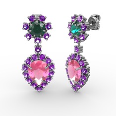 Pembe kuvars, ametist ve yeşil kuvars 14 ayar beyaz altın küpe