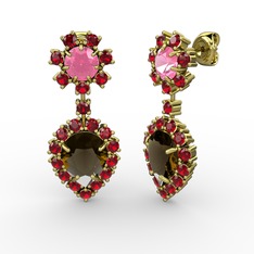 Dumanlı kuvars, garnet ve pembe kuvars 8 ayar altın küpe