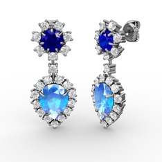 Akuamarin, swarovski ve lab safir 8 ayar beyaz altın küpe