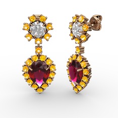 Rodolit garnet, sitrin ve swarovski 8 ayar rose altın küpe