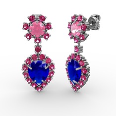 Lab safir, rodolit garnet ve pembe kuvars 18 ayar beyaz altın küpe