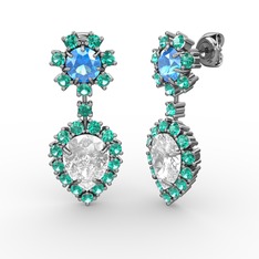 Beyaz zirkon, yeşil kuvars ve akuamarin 925 ayar gümüş küpe