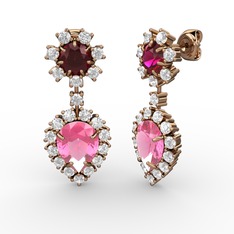 Pembe kuvars, pırlanta ve rodolit garnet 8 ayar rose altın küpe (0.792 karat)