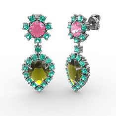 Peridot, yeşil kuvars ve pembe kuvars 18 ayar beyaz altın küpe