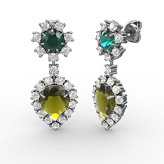 Peridot, beyaz zirkon ve yeşil kuvars 14 ayar beyaz altın küpe