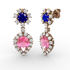 Pembe kuvars, swarovski ve lab safir 18 ayar rose altın küpe