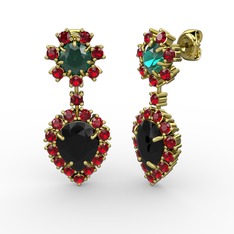 Siyah zirkon, garnet ve yeşil kuvars 14 ayar altın küpe