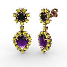 Ametist, peridot ve siyah zirkon 14 ayar rose altın küpe