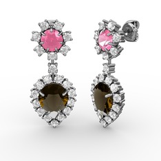 Seranta Damla Küpe - Dumanlı kuvars, swarovski ve pembe kuvars 18 ayar beyaz altın küpe #ln58oc