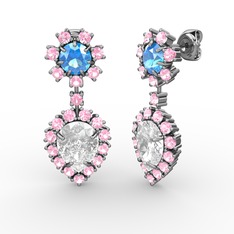 Swarovski, pembe kuvars ve akuamarin 18 ayar beyaz altın küpe