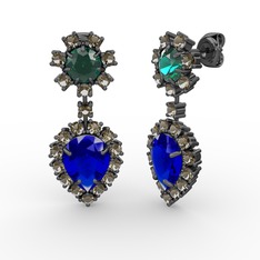 Seranta Damla Küpe - Lab safir, dumanlı kuvars ve yeşil kuvars 925 ayar siyah rodyum kaplama gümüş küpe #nd474j