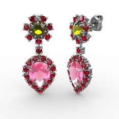 Pembe kuvars, garnet ve peridot 18 ayar beyaz altın küpe