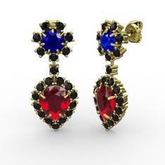 Seranta Damla Küpe - Garnet, siyah zirkon ve lab safir 18 ayar altın küpe #o32sar