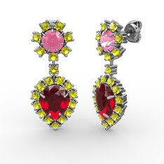 Seranta Damla Küpe - Garnet, peridot ve pembe kuvars 8 ayar beyaz altın küpe #o80w02