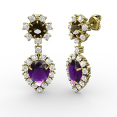 Seranta Damla Küpe - Ametist, pırlanta ve dumanlı kuvars 8 ayar altın küpe (0.792 karat) #oan3ur