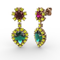 Yeşil kuvars, peridot ve rodolit garnet 14 ayar rose altın küpe