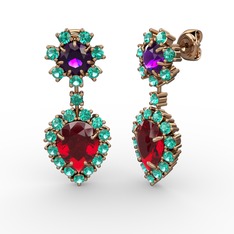 Garnet, yeşil kuvars ve ametist 8 ayar rose altın küpe