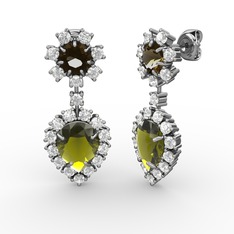 Seranta Damla Küpe - Peridot, beyaz zirkon ve dumanlı kuvars 14 ayar beyaz altın küpe #on3e74