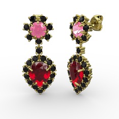 Garnet, siyah zirkon ve pembe kuvars 14 ayar altın küpe
