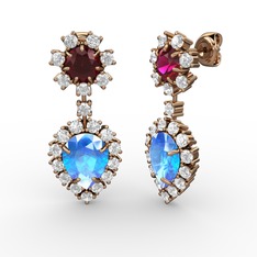 Akuamarin, swarovski ve rodolit garnet 18 ayar rose altın küpe