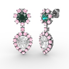 Swarovski, pembe kuvars ve yeşil kuvars 18 ayar beyaz altın küpe