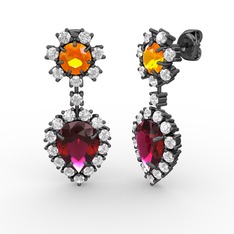 Seranta Damla Küpe - Rodolit garnet, pırlanta ve sitrin 925 ayar siyah rodyum kaplama gümüş küpe (0.792 karat) #pvyw36