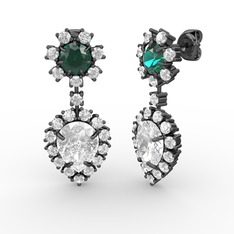 Swarovski, beyaz zirkon ve yeşil kuvars 925 ayar siyah rodyum kaplama gümüş küpe