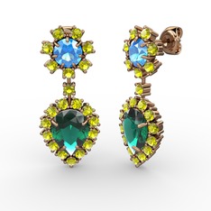 Yeşil kuvars, peridot ve akuamarin 18 ayar rose altın küpe