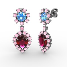 Rodolit garnet, pembe kuvars ve akuamarin 925 ayar gümüş küpe
