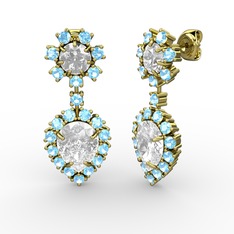 Beyaz zirkon, akuamarin ve swarovski 925 ayar altın kaplama gümüş küpe