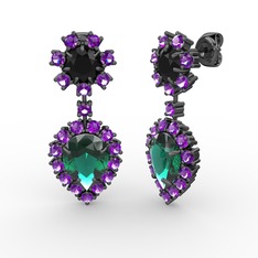 Seranta Damla Küpe - Yeşil kuvars, ametist ve siyah zirkon 925 ayar siyah rodyum kaplama gümüş küpe #ru357s