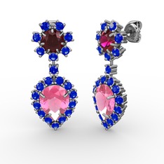 Seranta Damla Küpe - Pembe kuvars, lab safir ve rodolit garnet 18 ayar beyaz altın küpe #ru532v