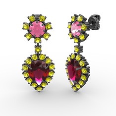Seranta Damla Küpe - Rodolit garnet, peridot ve pembe kuvars 925 ayar siyah rodyum kaplama gümüş küpe #rw4eoz