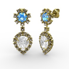 Swarovski, dumanlı kuvars ve akuamarin 14 ayar altın küpe