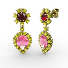 Seranta Damla Küpe - Pembe kuvars, peridot ve garnet 18 ayar altın küpe #srxvv