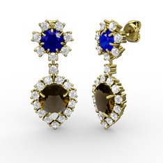 Dumanlı kuvars, swarovski ve lab safir 925 ayar altın kaplama gümüş küpe