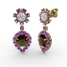 Dumanlı kuvars, ametist ve swarovski 14 ayar altın küpe