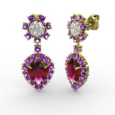 Rodolit garnet, ametist ve swarovski 8 ayar altın küpe