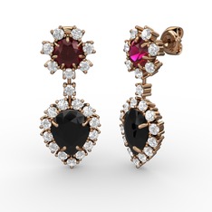 Siyah zirkon, pırlanta ve rodolit garnet 8 ayar rose altın küpe (0.792 karat)