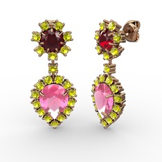 Pembe kuvars, peridot ve garnet 18 ayar rose altın küpe