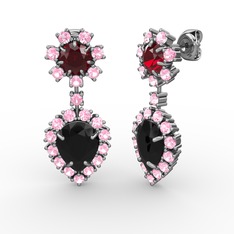 Siyah zirkon, pembe kuvars ve garnet 14 ayar beyaz altın küpe