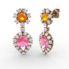 Pembe kuvars, swarovski ve sitrin 14 ayar rose altın küpe